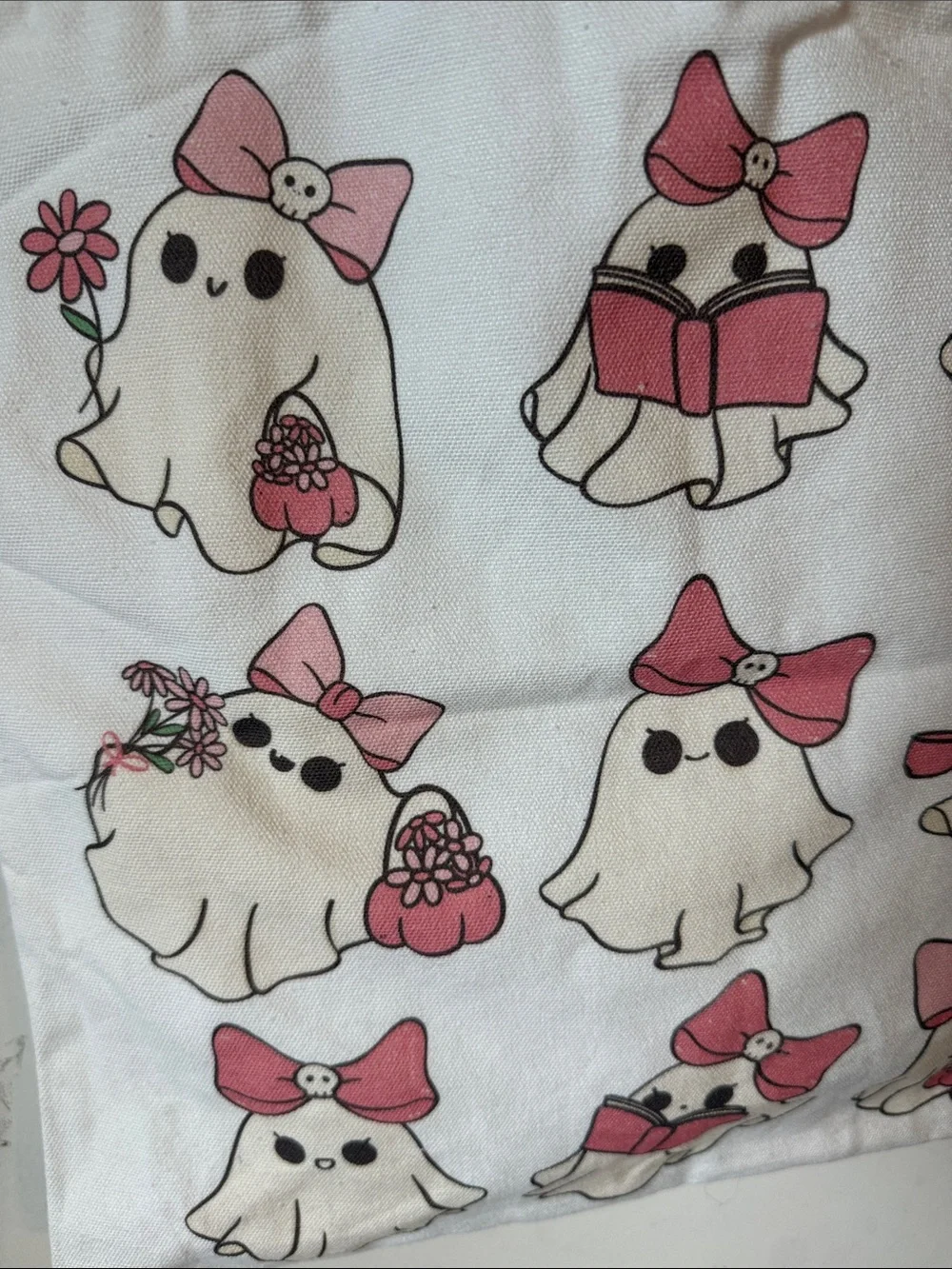 Cute Ghosts Canvas Tote Bag with Pink Bows